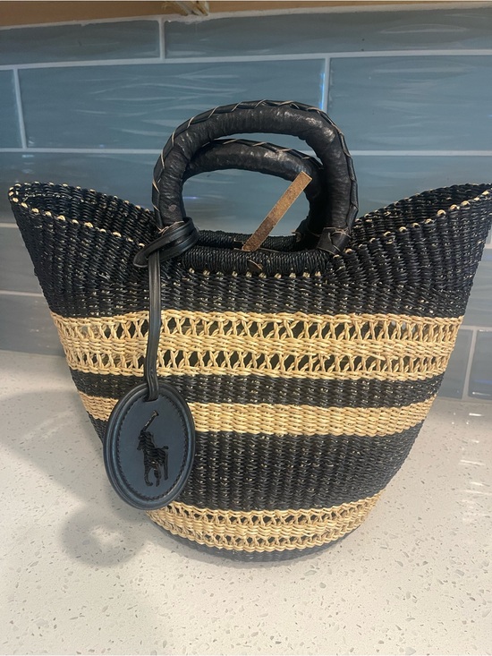 Ralph Lauren Handbags - Ralph Lauren Black and Natural Striped Woven Tote